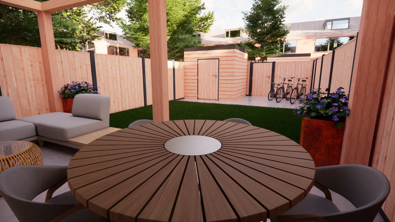 3D-ontwerp van een ronde tafel onder een douglas pergola in een tuin in Rijswijk