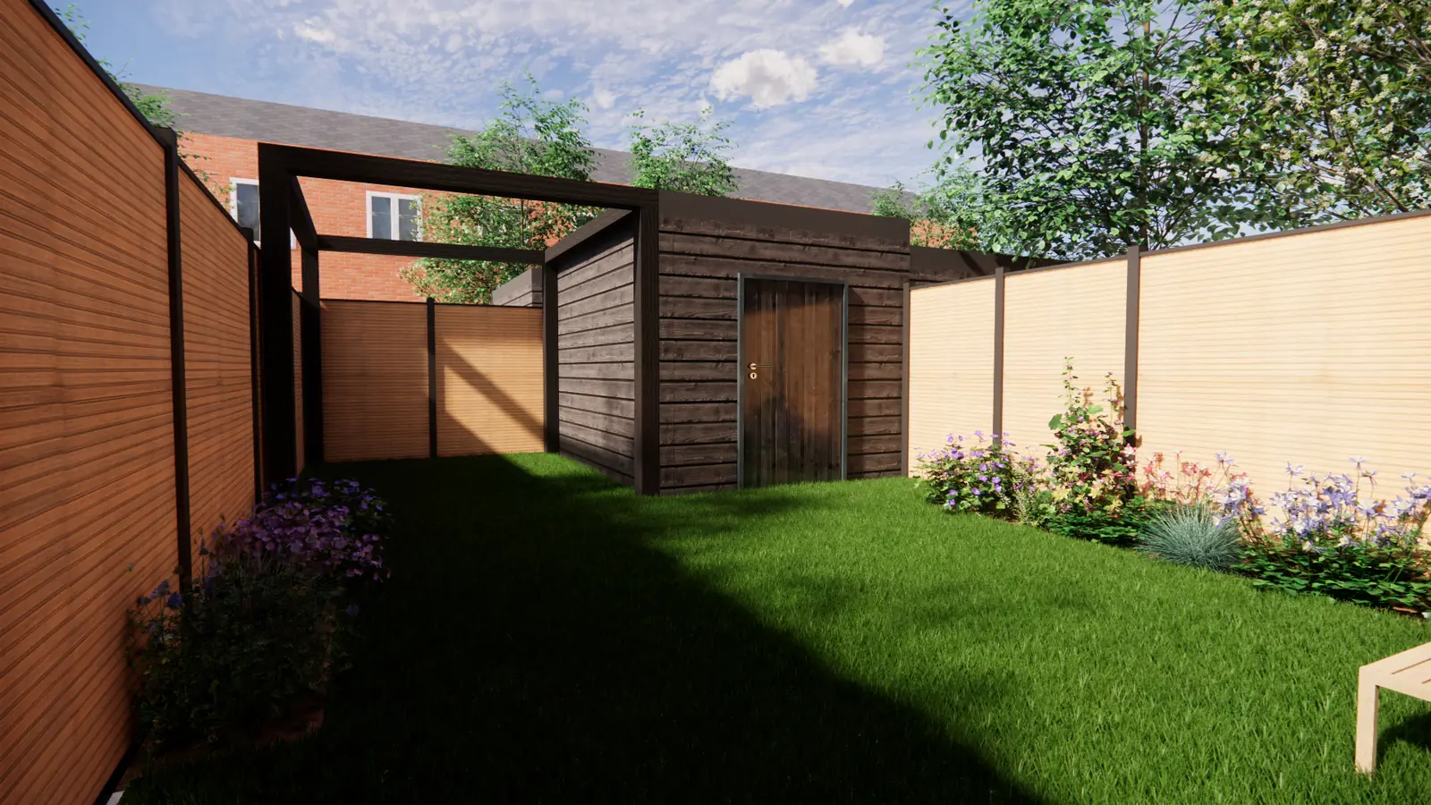 3D-ontwerp van gras met een zwarte berging en pergola in een tuin in Schiedam