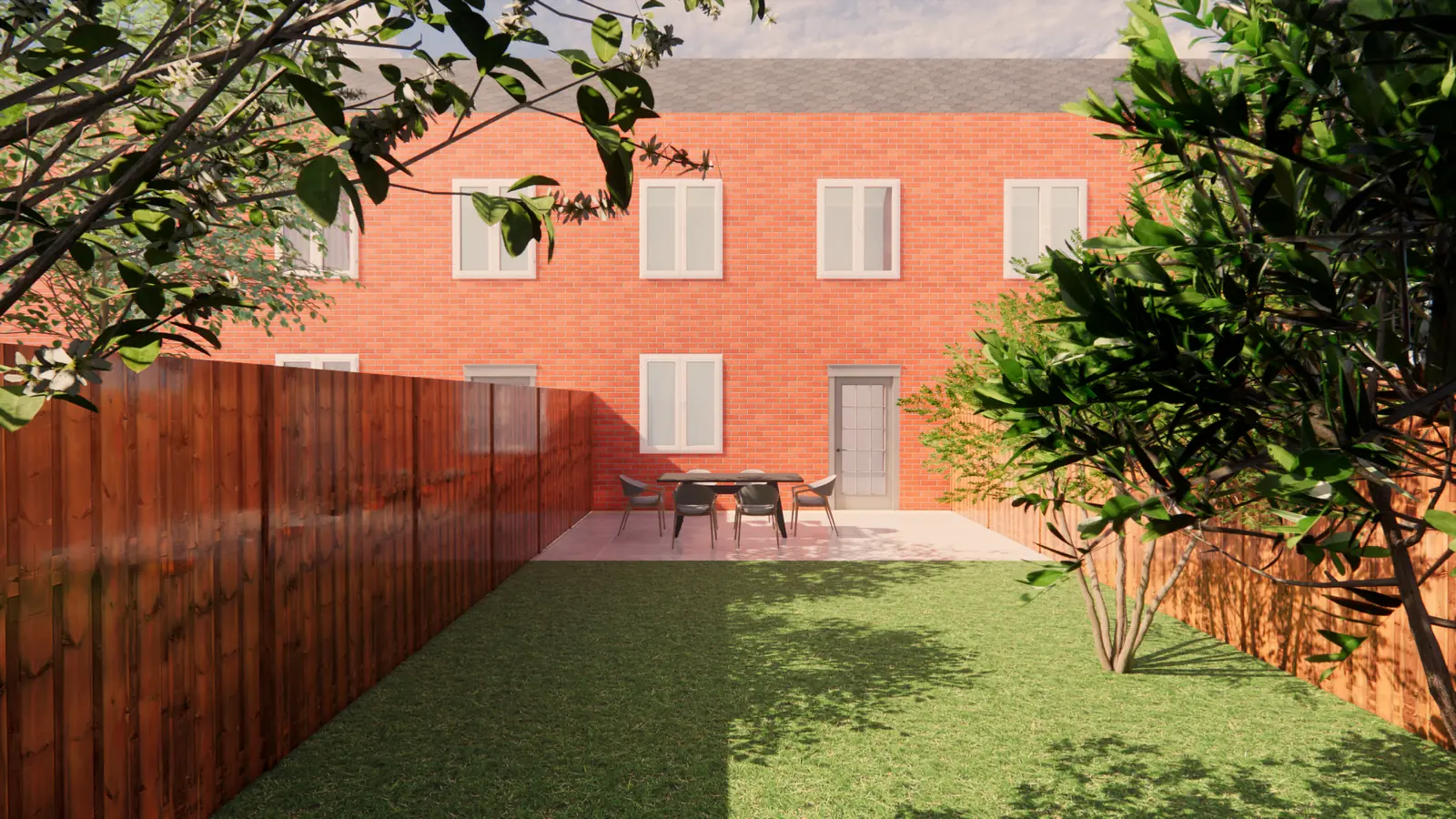 3D-ontwerp van het terras met eettafel aan de gevel, gezien vanaf het gras