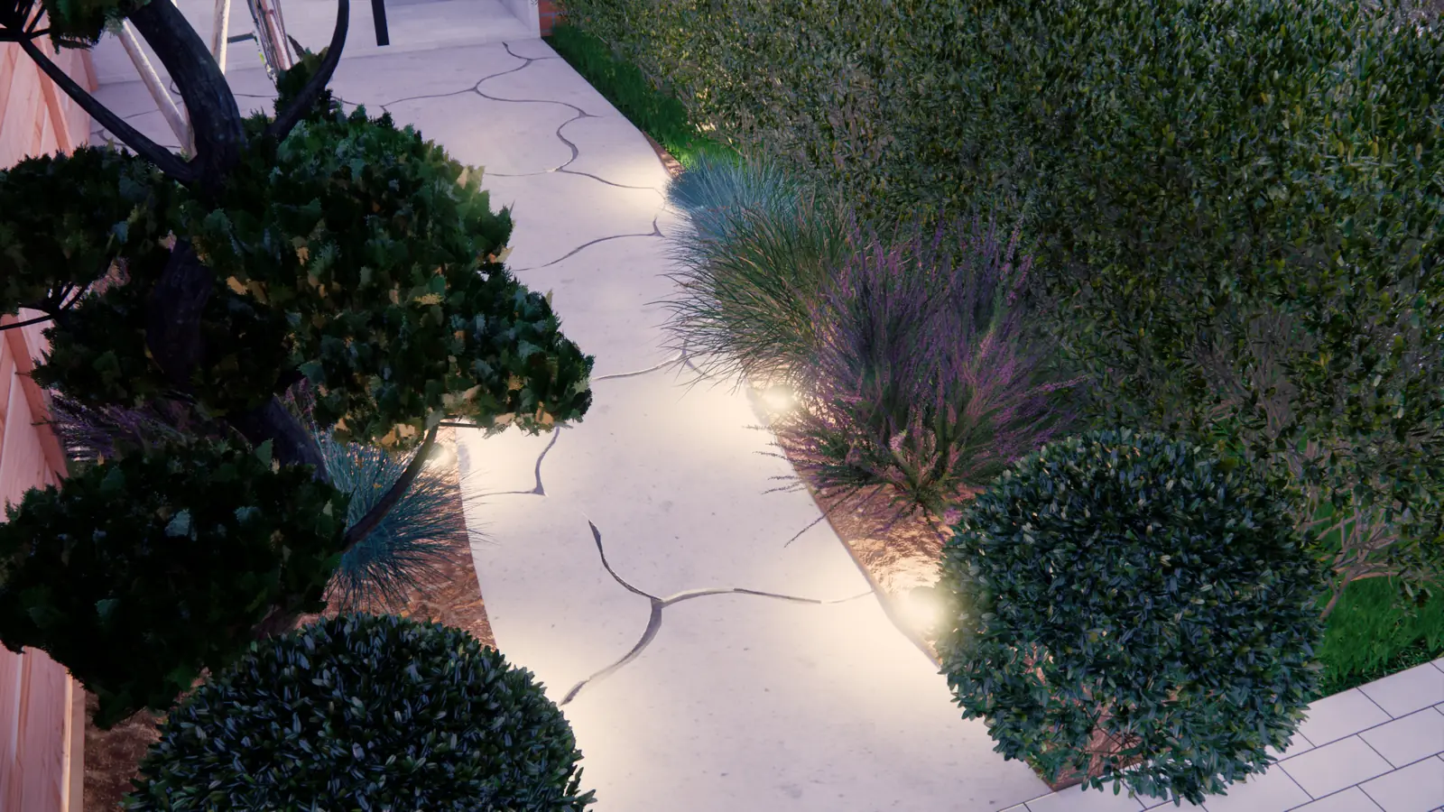 3D-ontwerp bij avond: grondspots langs een pad van lichte tegels