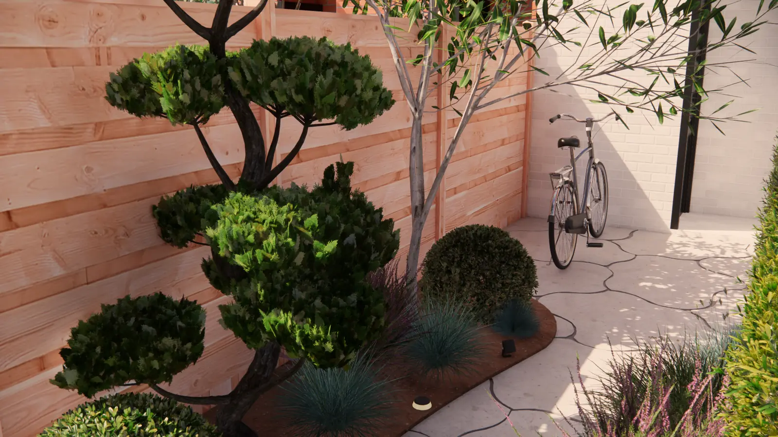 3D-ontwerp van bolvormen en blauw siergras langs een horizontale schutting