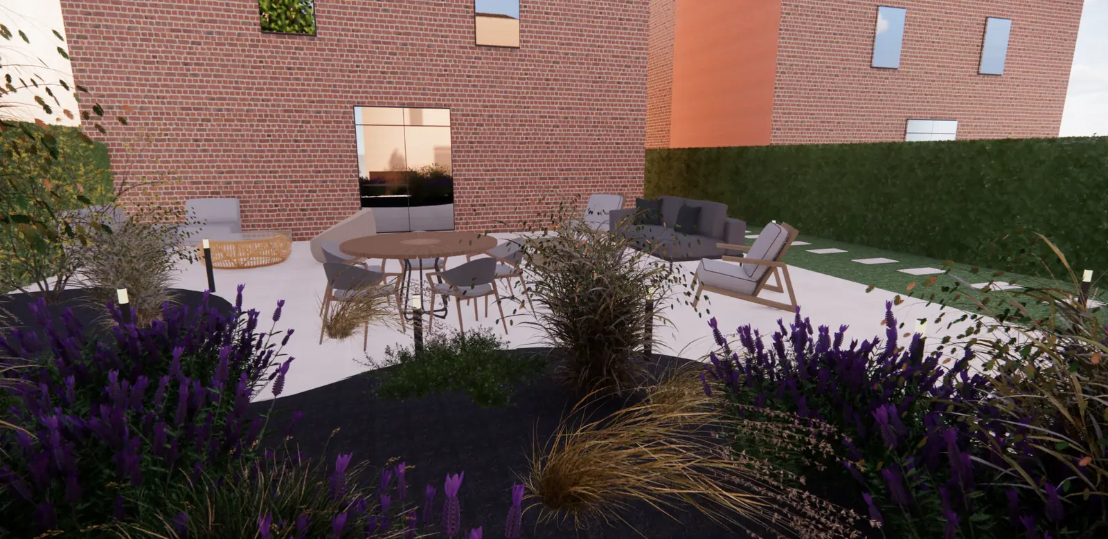 3D-ontwerp van borders met lavendel en siergras langs het terras