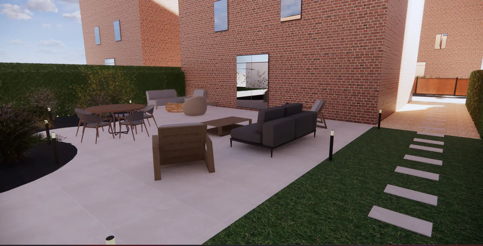 3D-ontwerp van een groot terras met lounge en eettafel in een tuin in Voorburg