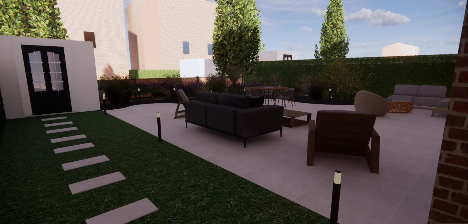 3D-ontwerp van staptegels door het gras naar een wit tuinhuis
