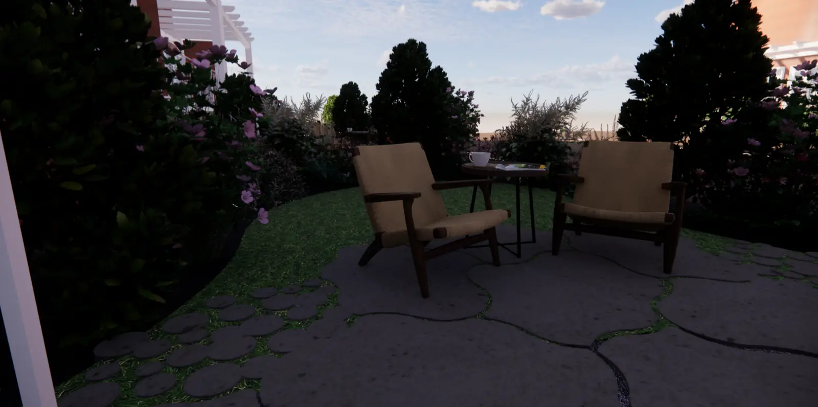 3D-ontwerp van twee stoelen tussen bloeiende heesters, bij avondlicht