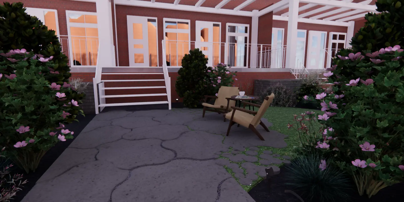3D-ontwerp van een zitplek tussen heesters achter een woning in Voorburg