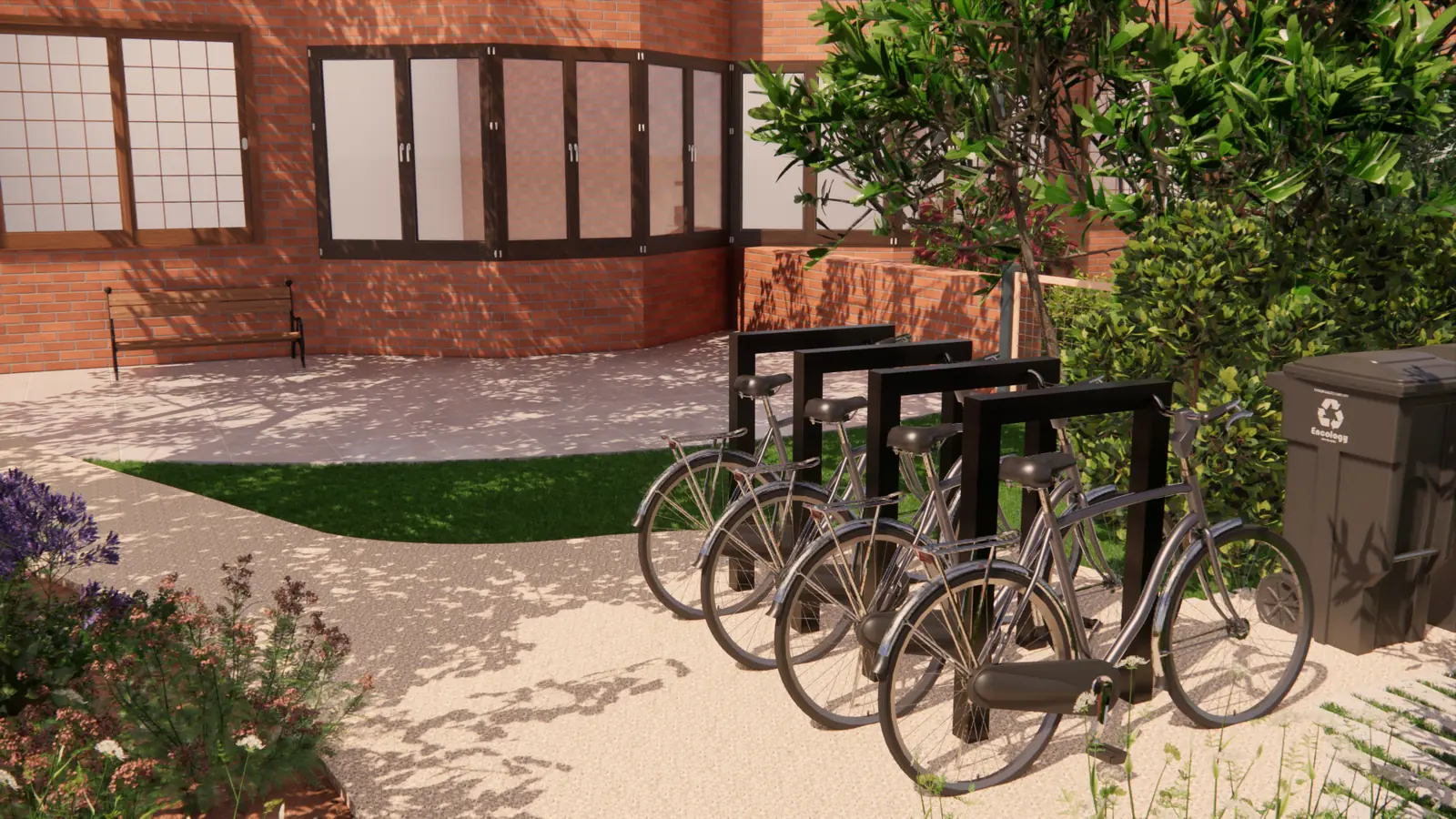 3D-ontwerp van zwarte fietsbeugels naast de border in de voortuin