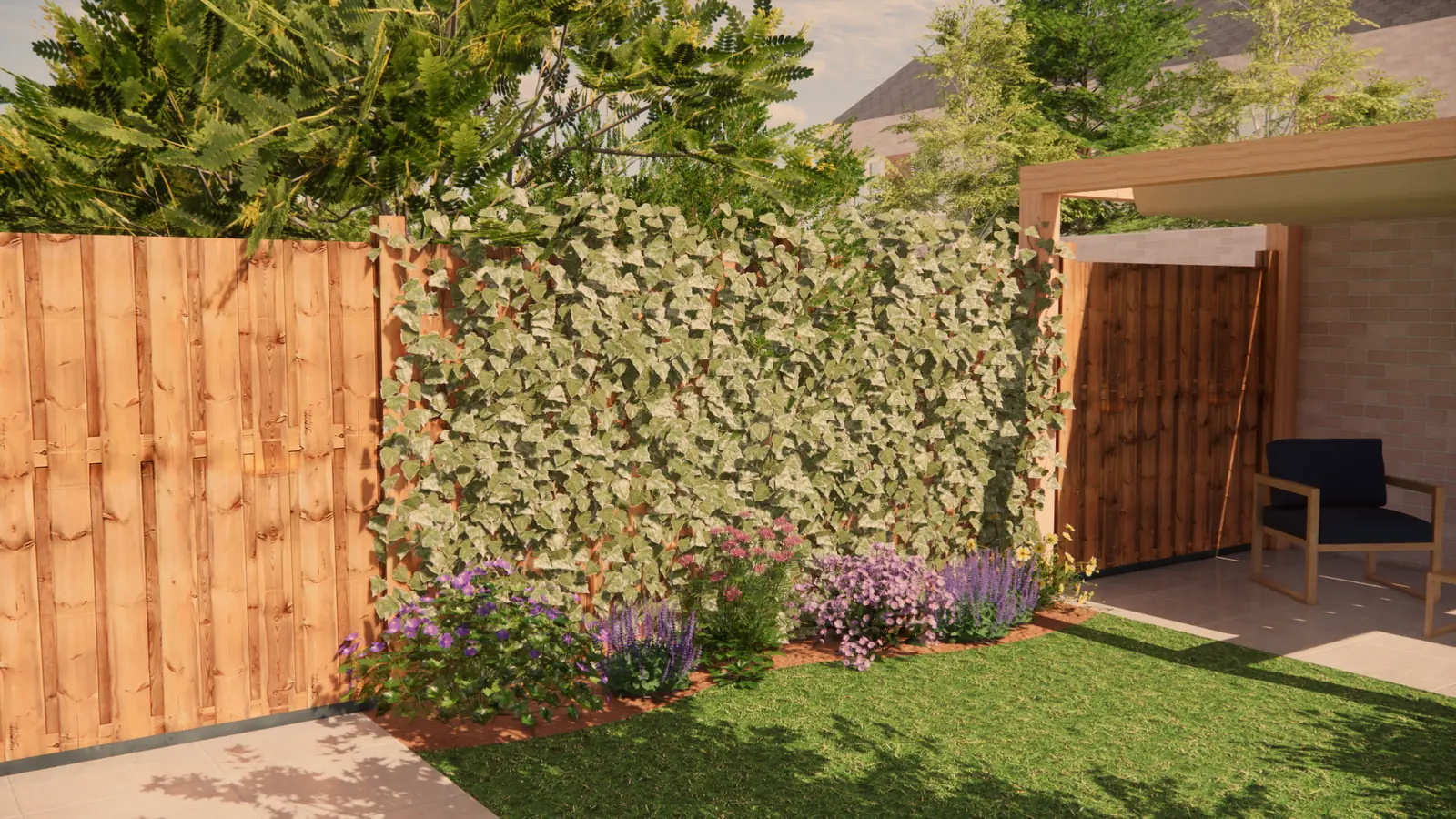 3D-ontwerp van een border met lavendel voor een klimopscherm langs de schutting
