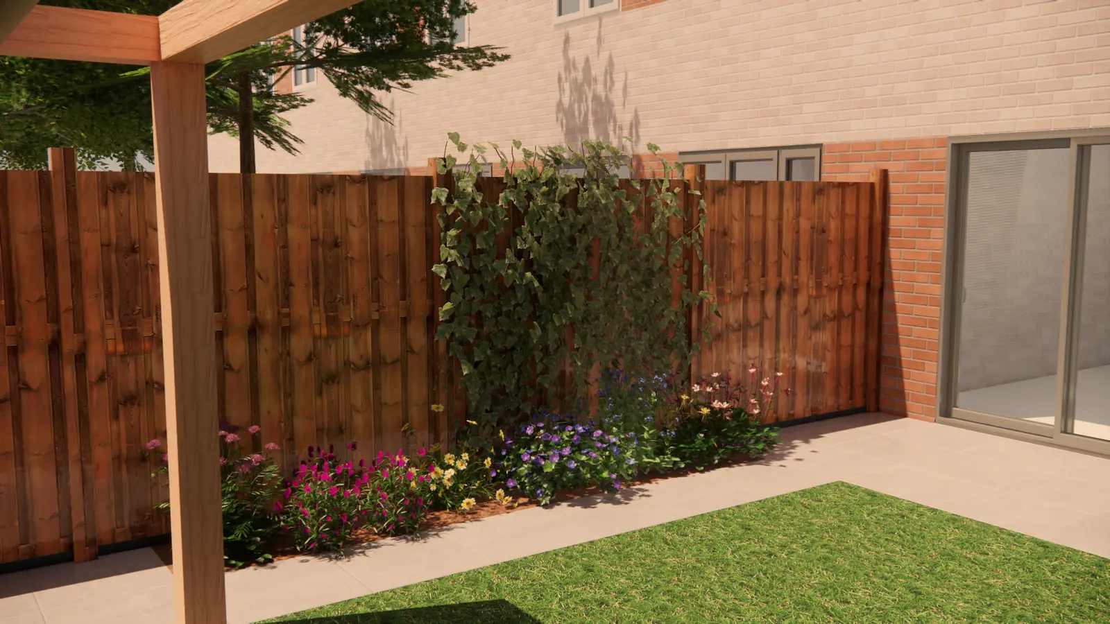 3D-ontwerp van de border bij de woning, met een klimplant tegen de schutting