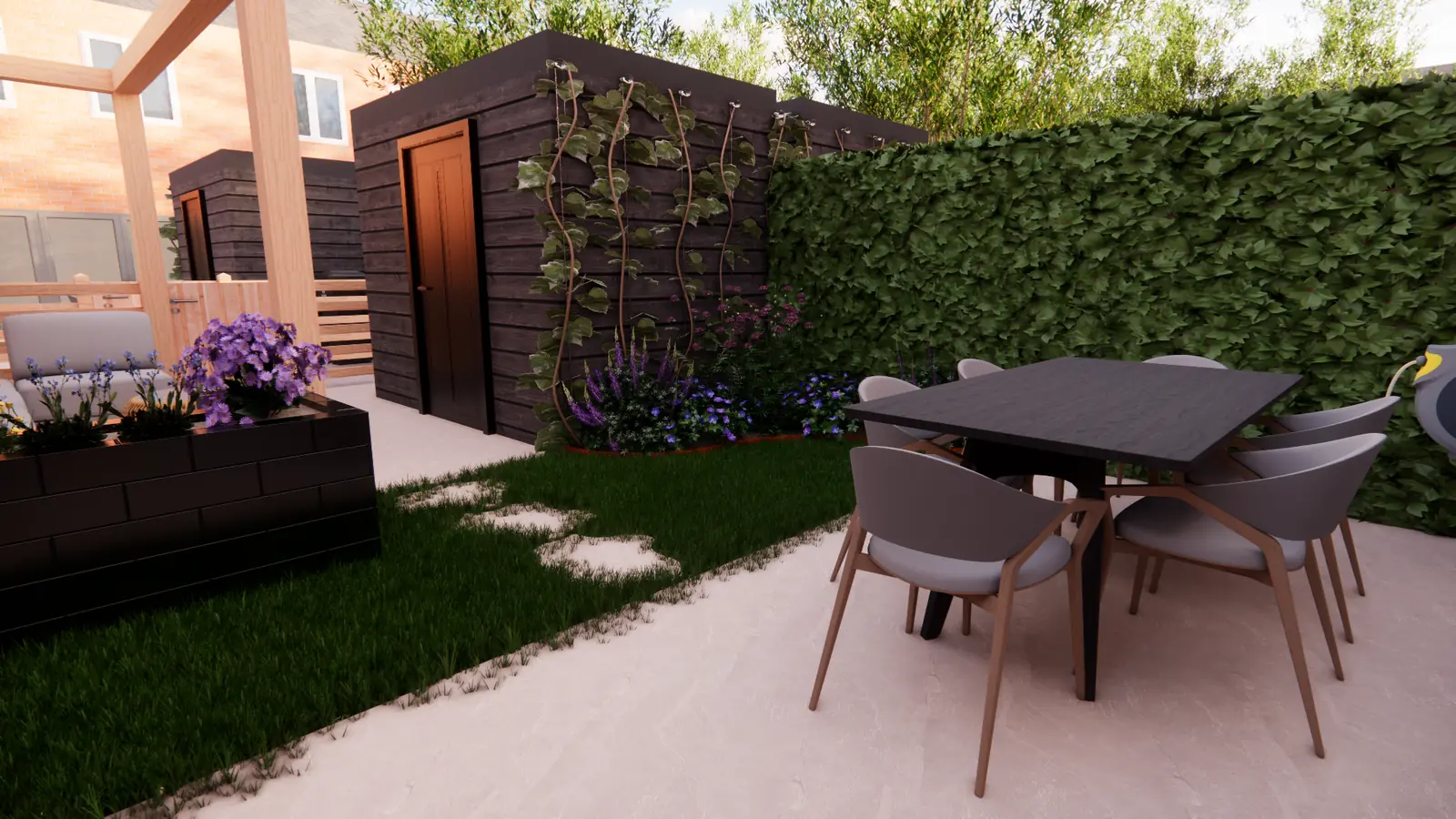 3D-ontwerp van een eettafel naast een zwart houten berging in Zoetermeer