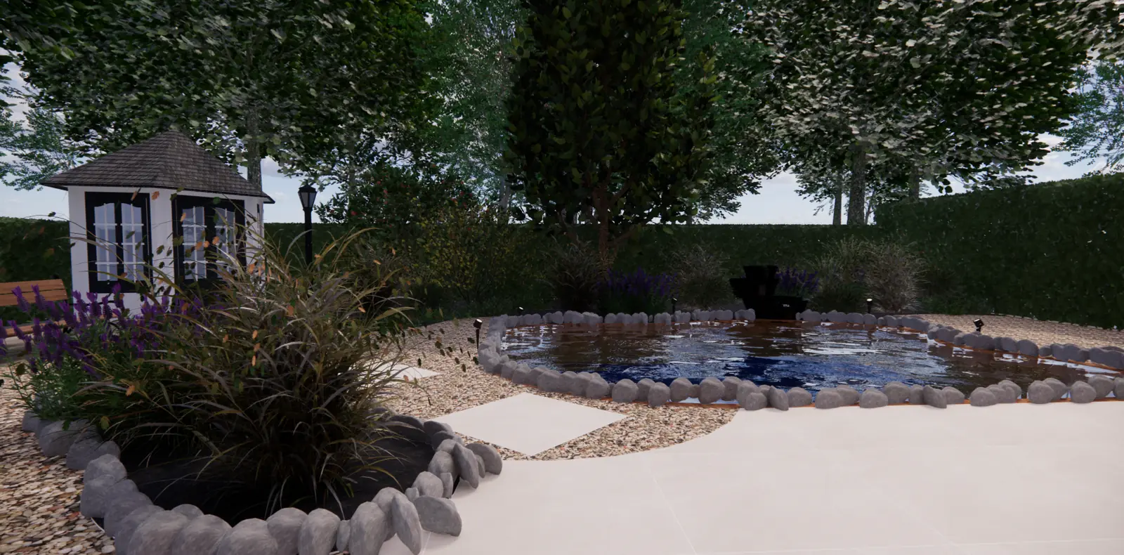 3D-ontwerp van een eiland met siergras naast de vijver en een pad van staptegels