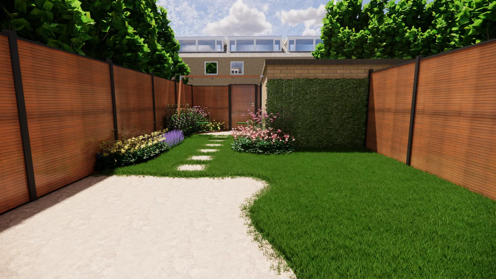 3D-ontwerp van een gebogen terrasrand en stapstenen naar een groene wand