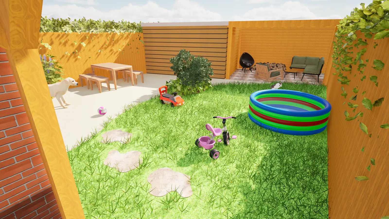 3D-ontwerp van een gezinstuin in Zoetermeer: gras met stapstenen en speelruimte