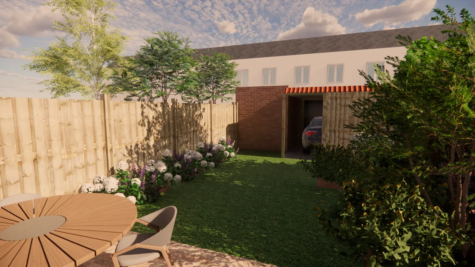 3D-ontwerp: gras tussen borders met witte hortensia's en een carport achterin