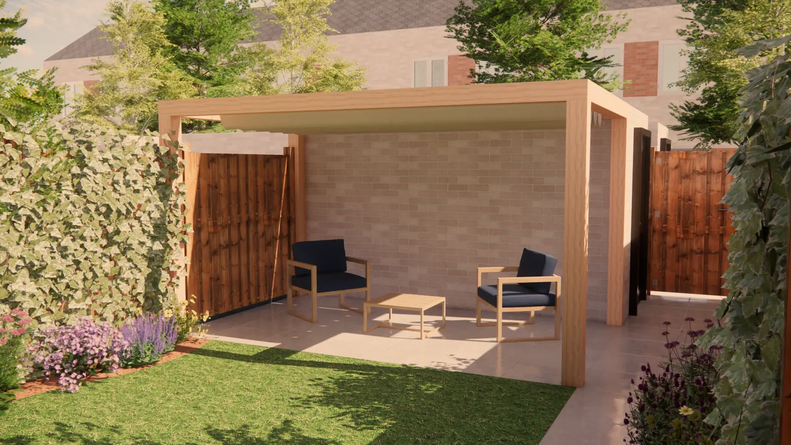 3D-ontwerp: houten overkapping met loungeset achter in een tuin in Zoetermeer