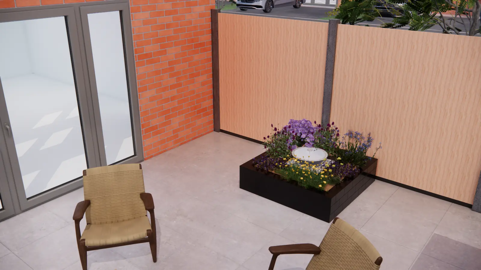 3D-ontwerp van een lage zwarte plantenbak met vaste planten op het terras