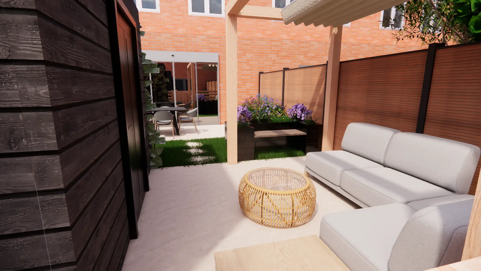 3D-ontwerp van een loungebank onder een houten pergola met harmonicadoek
