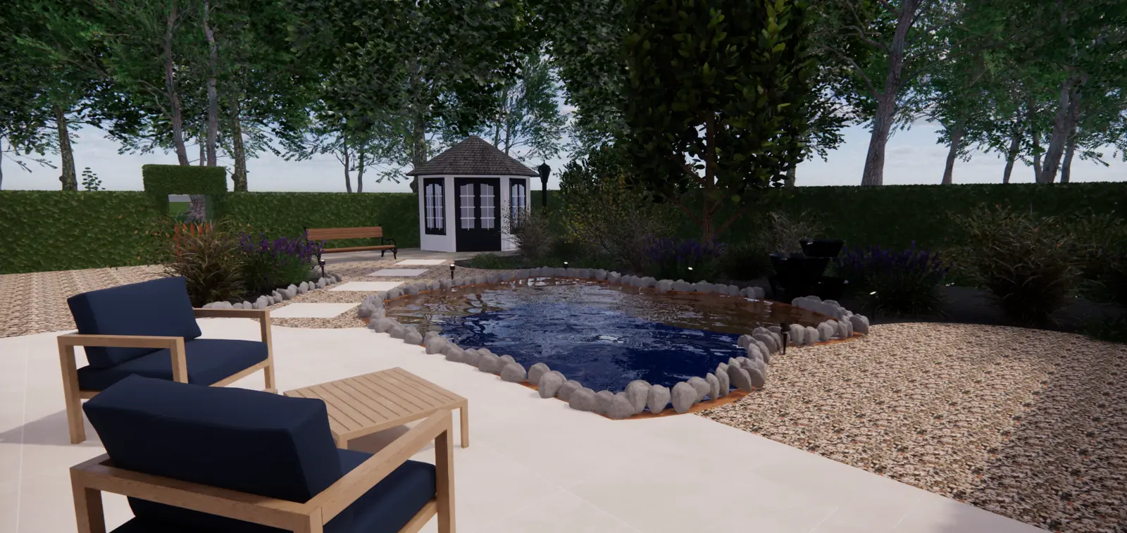 3D-ontwerp van een loungeset op lichte tegels aan de rand van de vijver