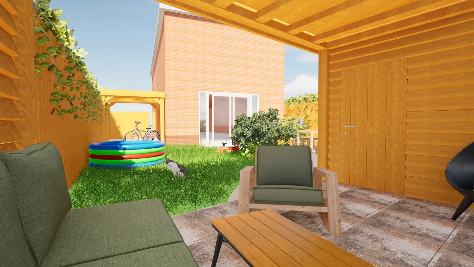 3D-ontwerp van een loungeset onder de overkapping naast de berging