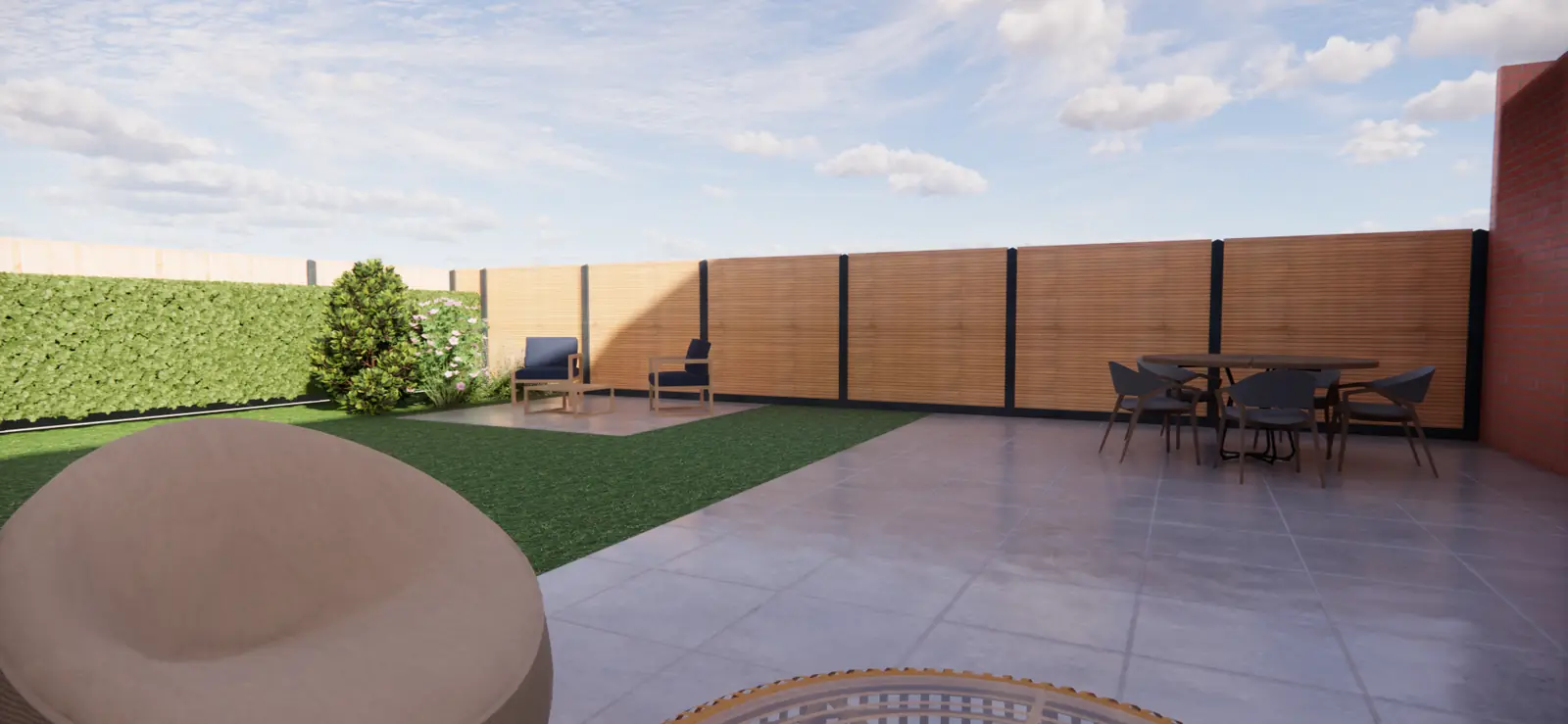 3D-ontwerp van een nieuwbouwtuin in Zoetermeer met groot terras en gazon