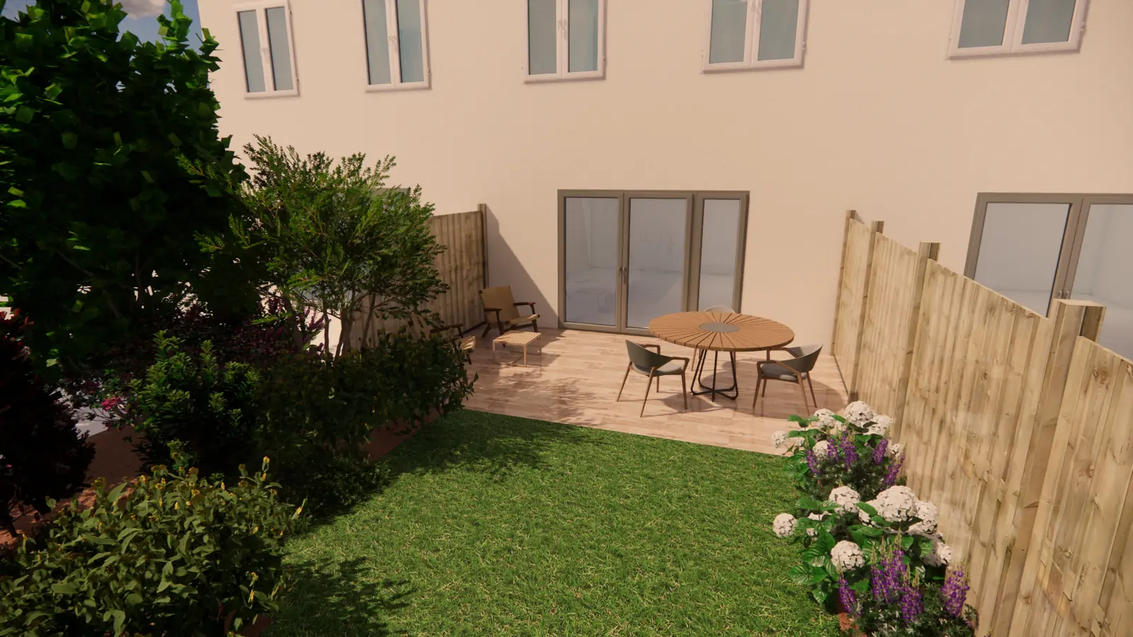 3D-ontwerp van een rijtjestuin in Zoetermeer met ronde tafel op het terras