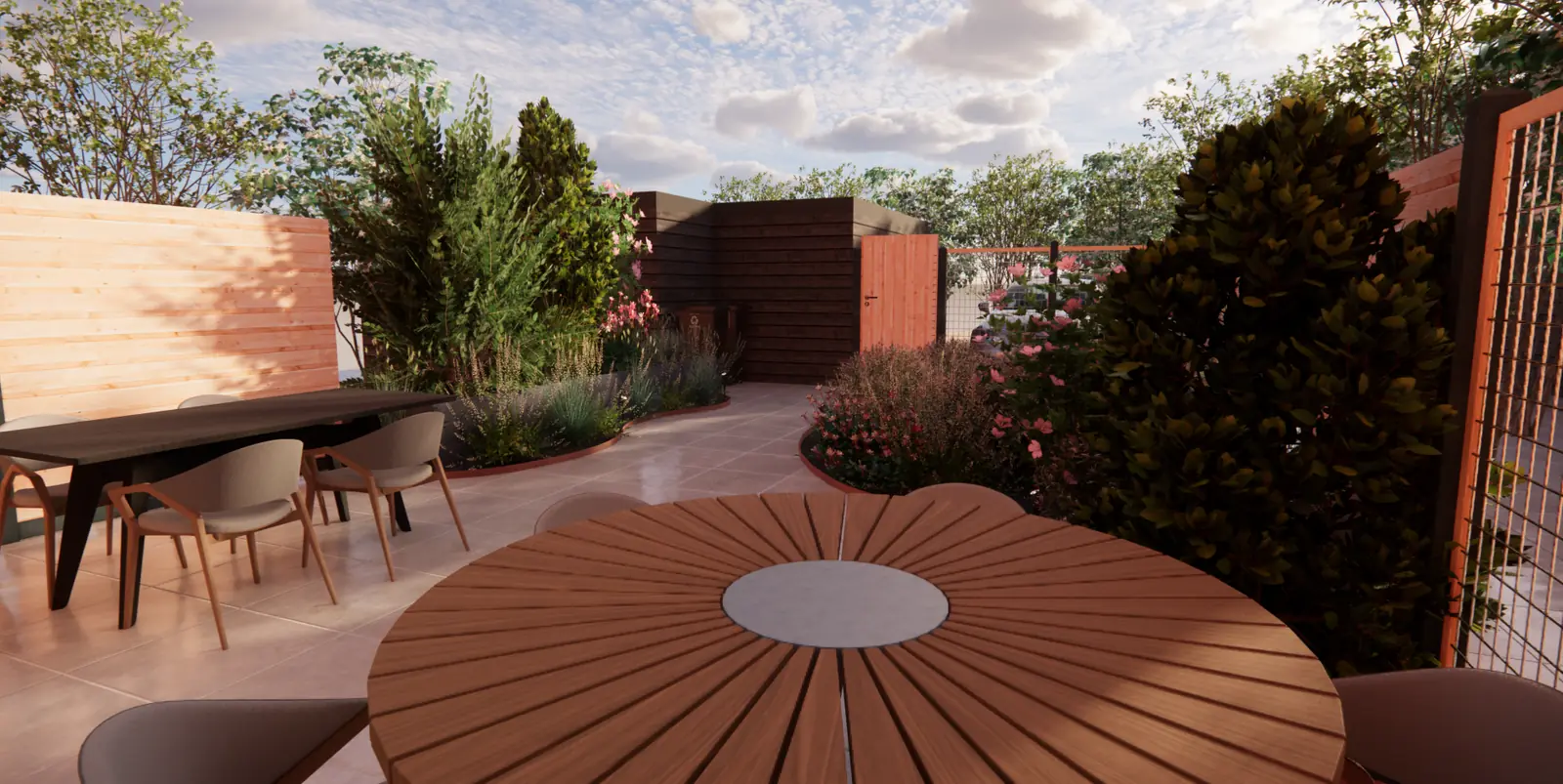 3D-ontwerp van een ronde houten tafel met daarachter gaaspanelen in de schutting