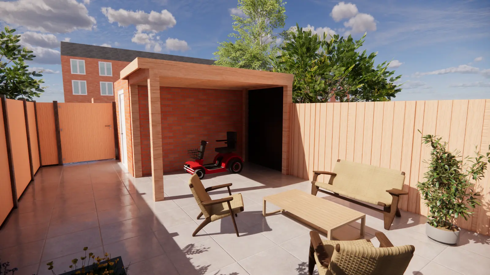 3D-ontwerp van het terras met loungeset en de berging met overstek achterin