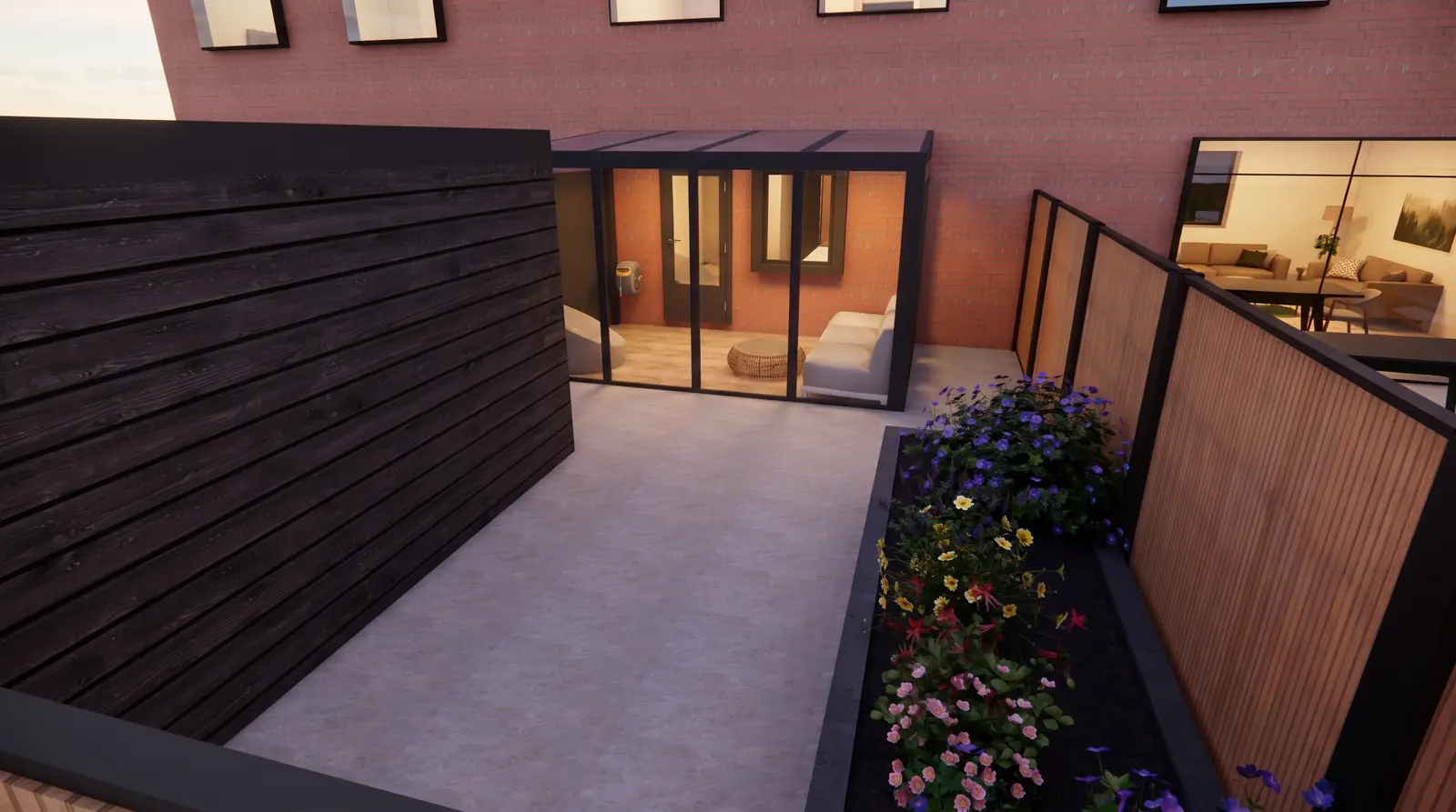 3D-ontwerp van het terras tussen de zwarte berging en de schutting van houten latten