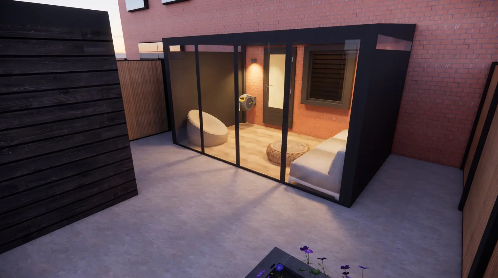 3D-ontwerp van een tuinkamer met glazen schuifwanden tegen de achtergevel