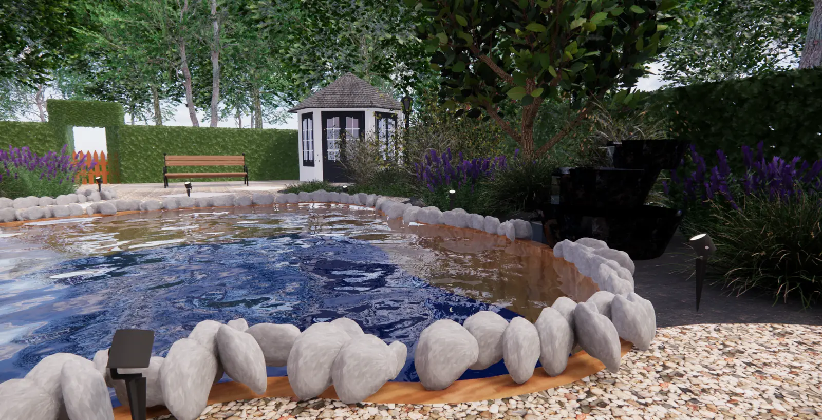 3D-ontwerp van een vijver met witte keien en een achthoekig tuinhuis in Zoetermeer