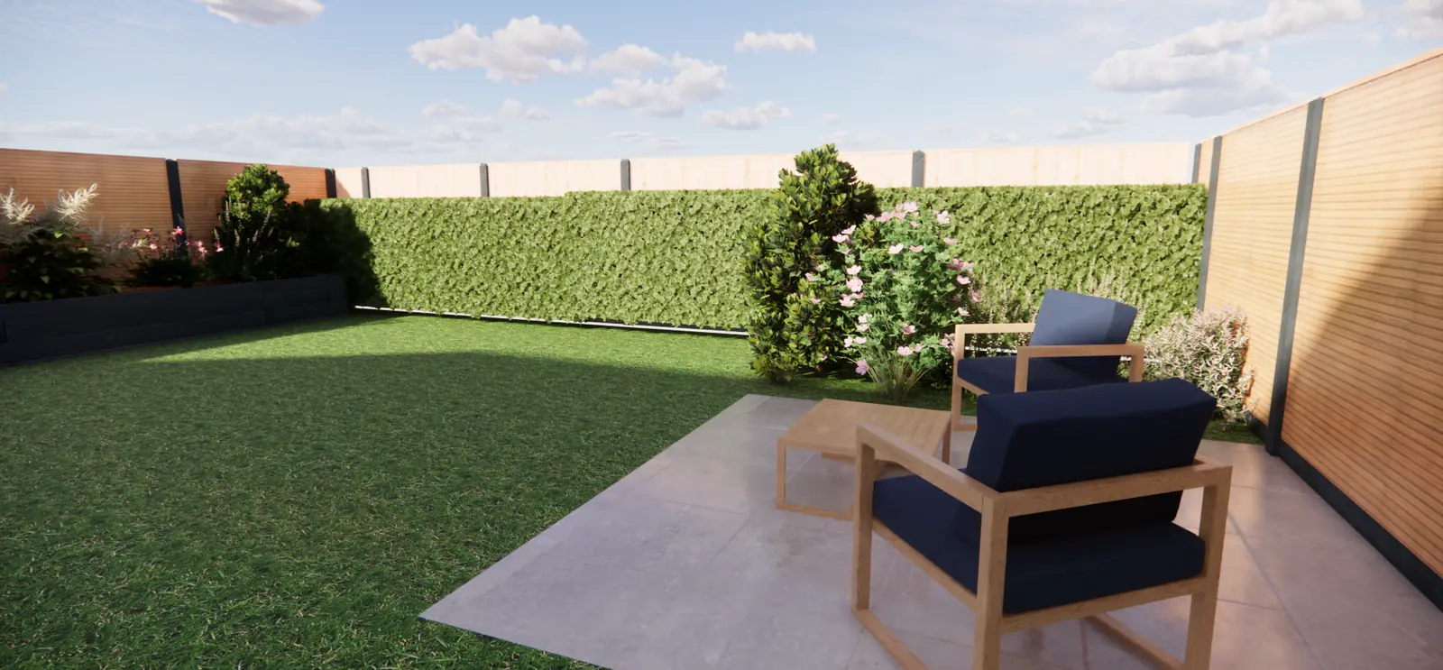 3D-ontwerp van een zitplek achter in de tuin voor een groen klimopscherm
