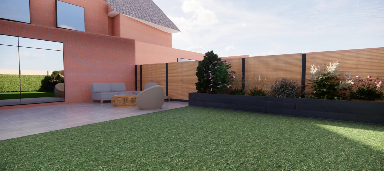 3D-ontwerp van zwarte verhoogde bakken met siergras langs de schutting
