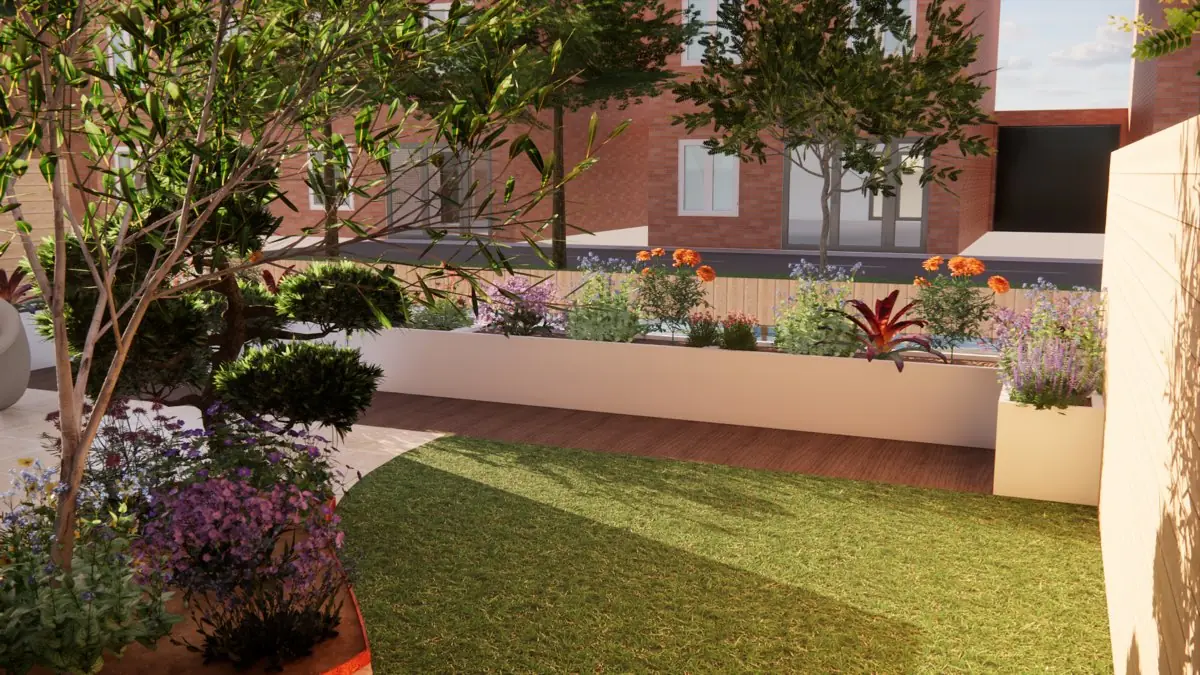 3D-ontwerp van dezelfde stadstuin van de andere kant: een strook gazon naast lange witte plantenbakken met bloeiende vaste planten, met de achterliggende woningen erboven