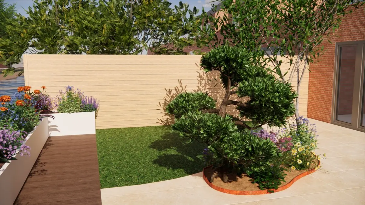 3D-ontwerp met een in wolkvorm gesnoeide boom op de hoek van het terras, een klein gazonvlak en een verhoogde witte plantenbak met oranje en paarse bloemen