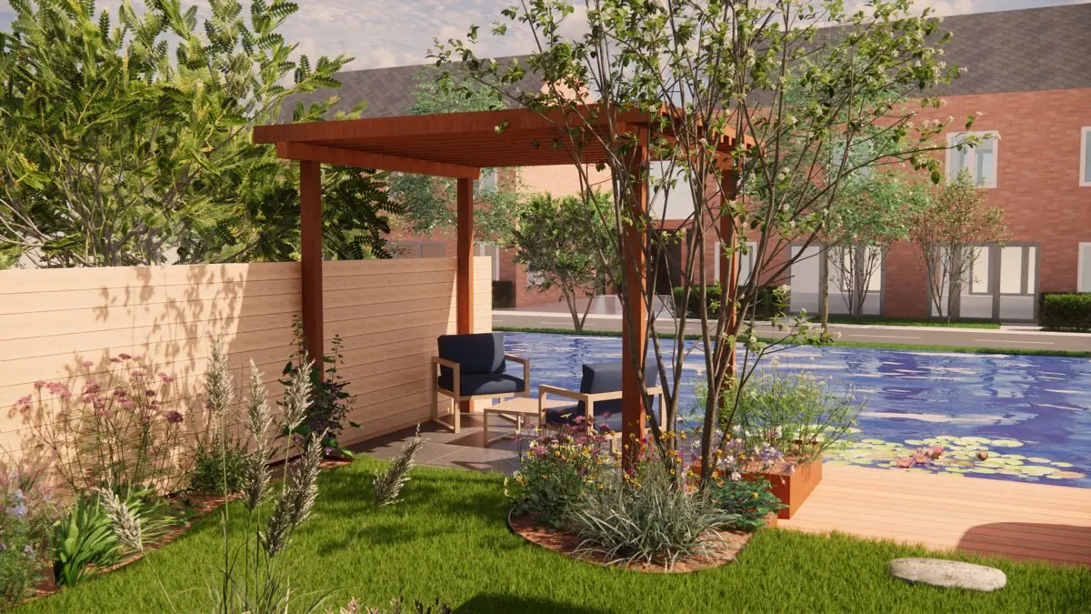 3D-ontwerp van een grote tuin met een houten pergola boven een loungeset en daarnaast een langgerekte vijver met waterlelies en een houten rand