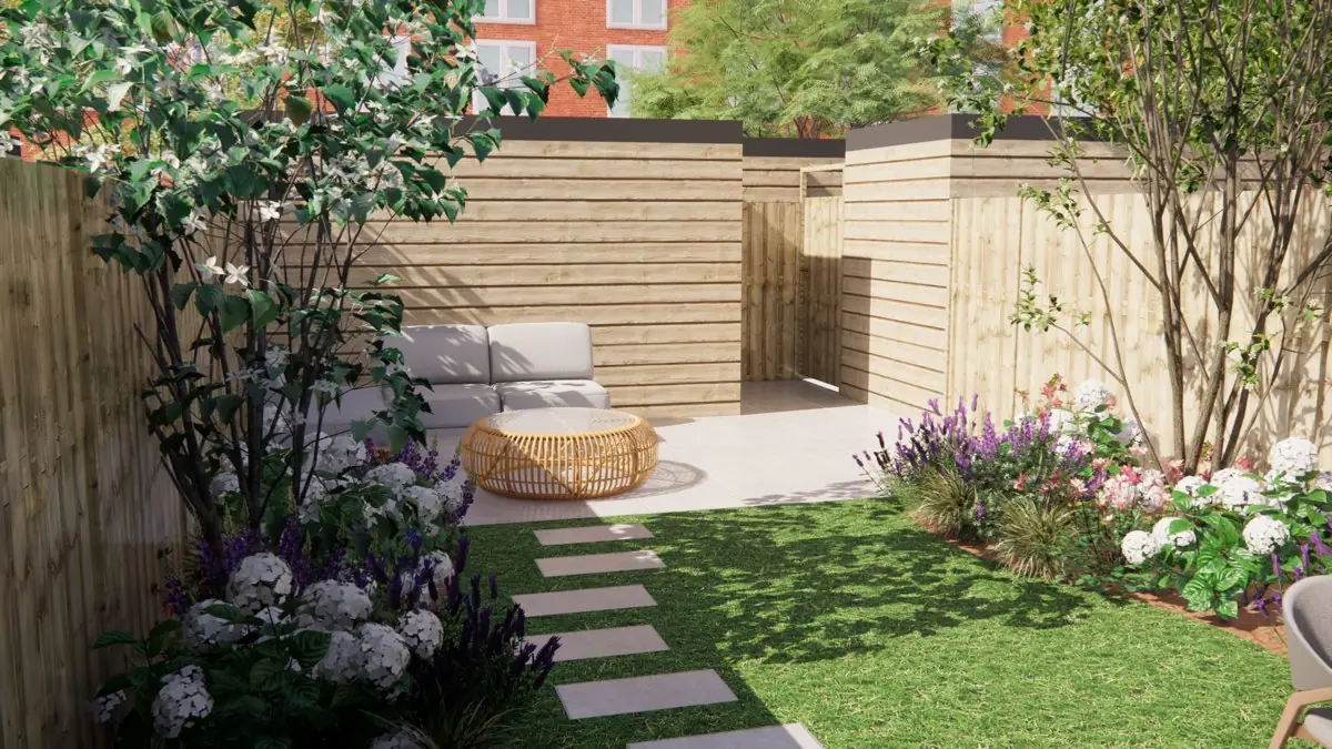 3D-ontwerp van een kleine achtertuin: een loungebank op een terras voor een houten berging met poort, stapstenen door het gazon en borders met hortensia’s en lavendel