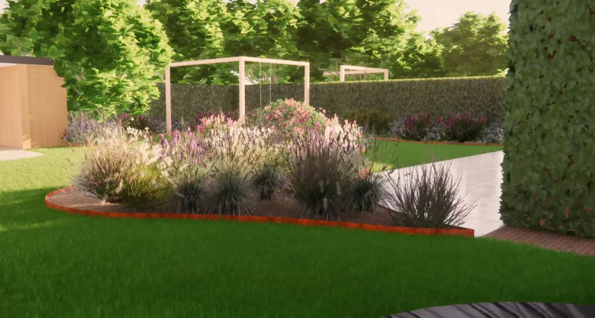 3D-ontwerp van een ruime tuin met gazon en een eilandborder van siergrassen en vaste planten, afgezet met een cortenstalen rand, met een hoge haag en bomen erachter