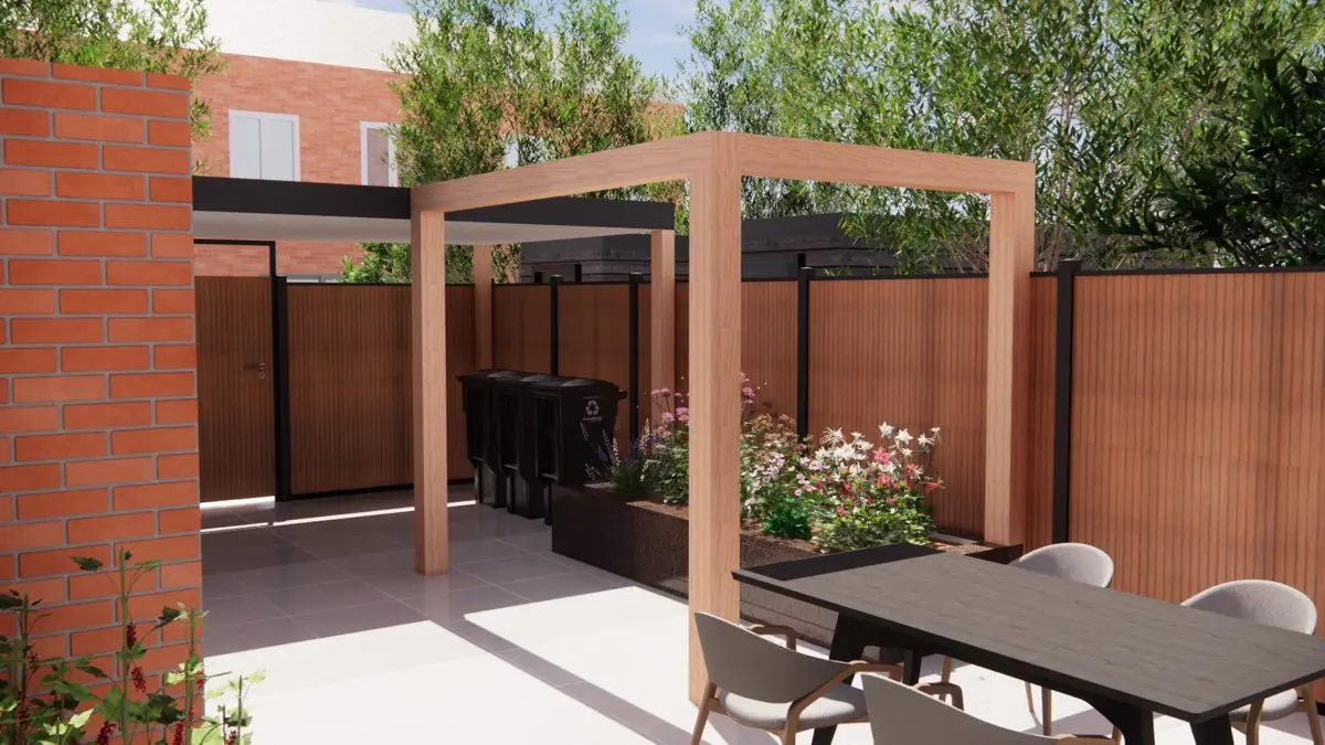 3D-ontwerp van een terras met een lichte houten pergola boven de eettafel, een schutting met antracietkleurige palen en een plantenbak met rozen naast de containerberging