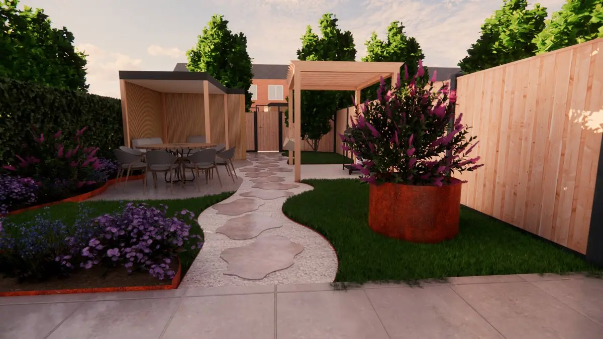 3D-ontwerp met een houten overkapping met eettafel, een pergola ernaast, een gebogen pad van flagstones door het gazon en een cortenstalen plantenbak tegen een houten schutting