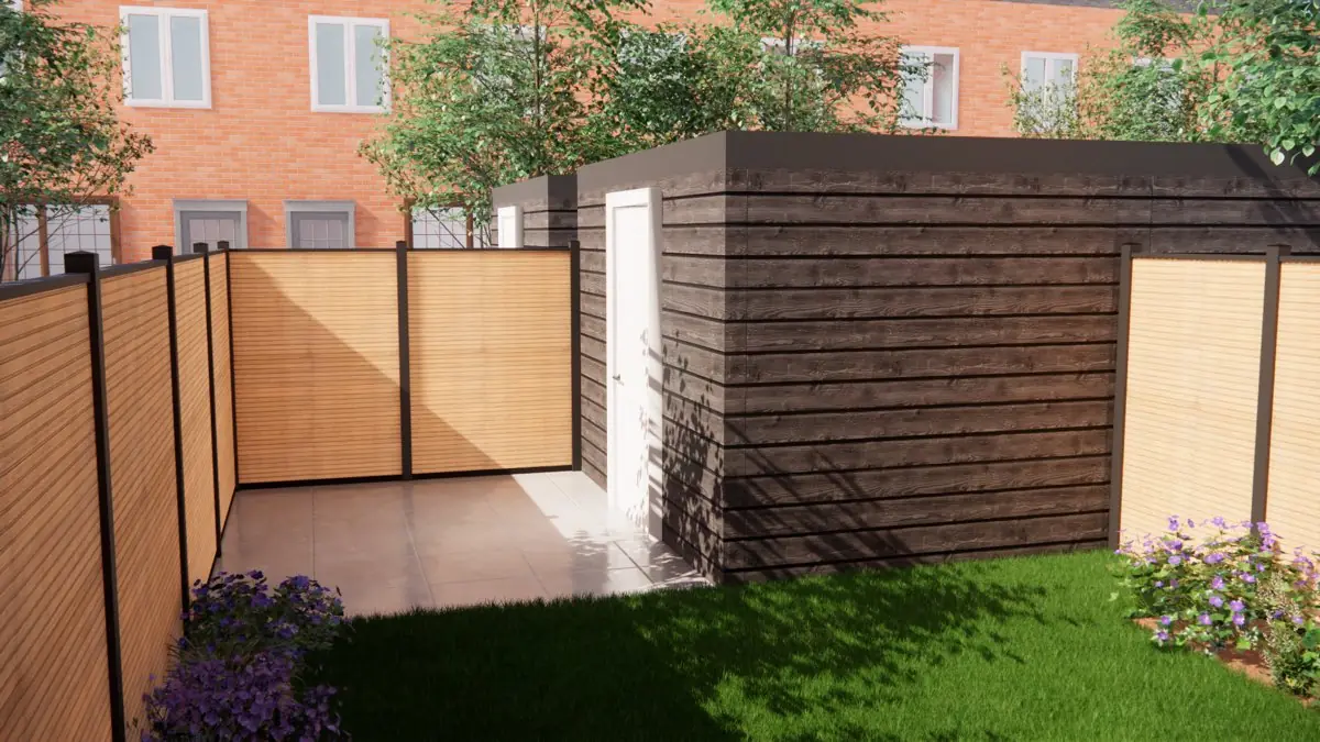3D-ontwerp van een lichte schutting met horizontale planken en antracietkleurige palen naast een berging van donker hout, met gazon en een terras ertussen