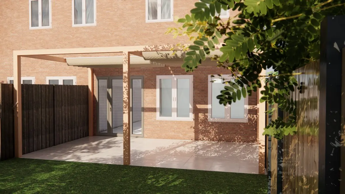 3D-ontwerp van de pergola boven het terras aan de achtergevel