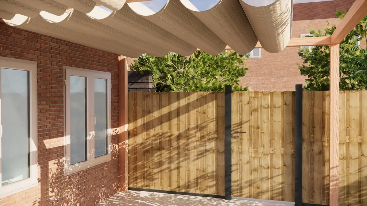 3D-ontwerp van de schutting naast de woning, onder de pergola met schaduwdoek
