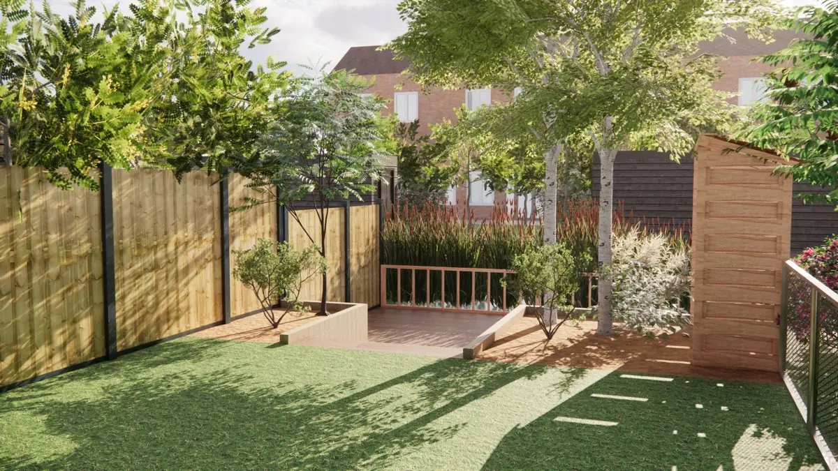 3D-ontwerp van de tuin met gazon en stapstenen, de vlonder en het hekwerk achterin