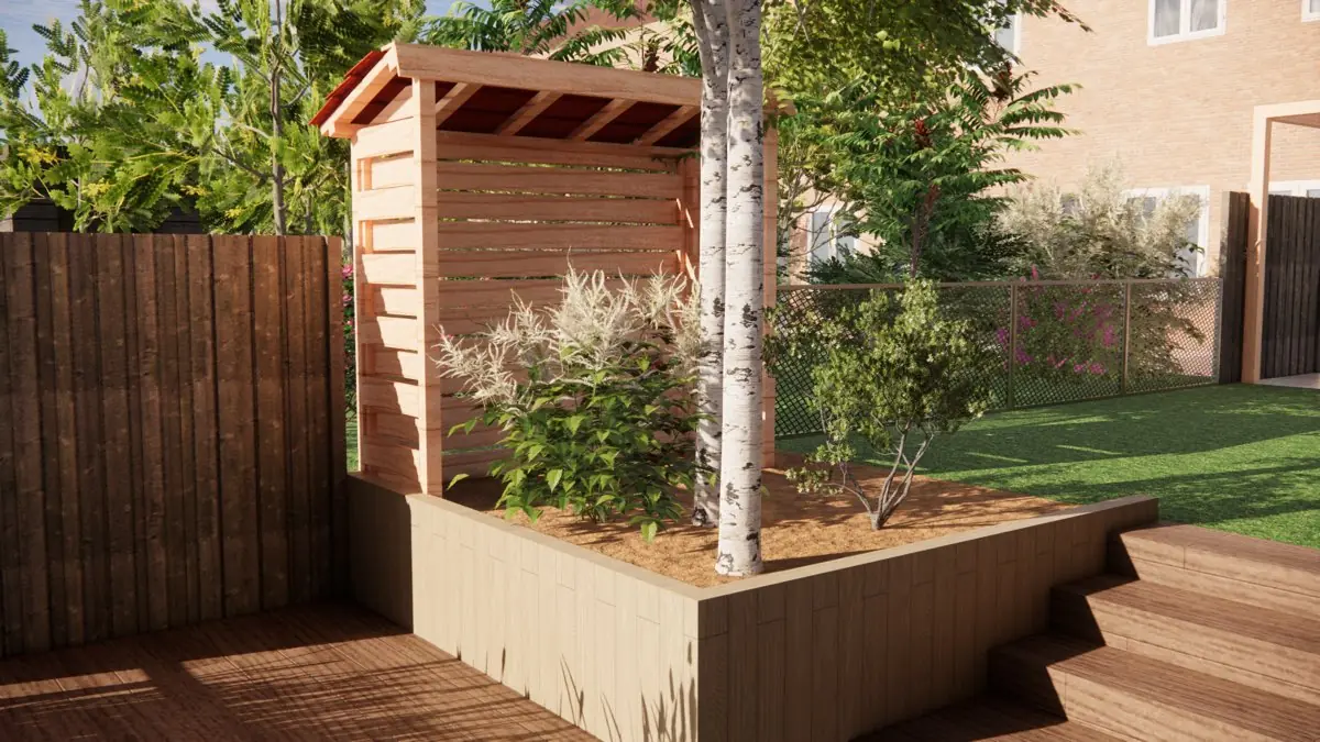 3D-ontwerp van de plantenbak met berk en de trede naar de vlonder