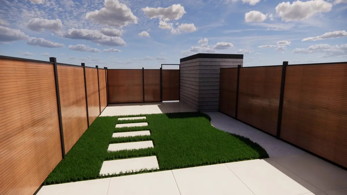 3D-ontwerp van een smalle achtertuin met witte stapstenen in een strook gazon, een tuinberging met plat dak achterin en aan weerszijden schuttingen met antracietkleurige palen
