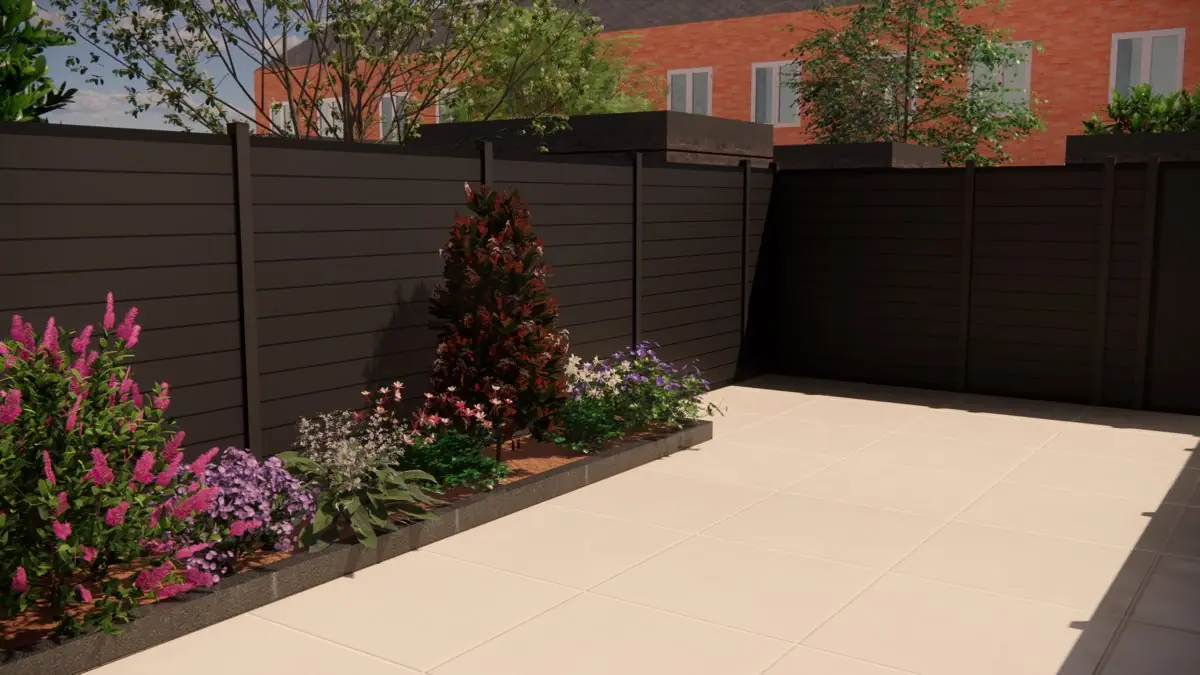 3D-ontwerp van een donkere composieten schutting met horizontale planken en bijpassende antracietkleurige palen, met een verhoogde border met roze en paarse vaste planten ervoor