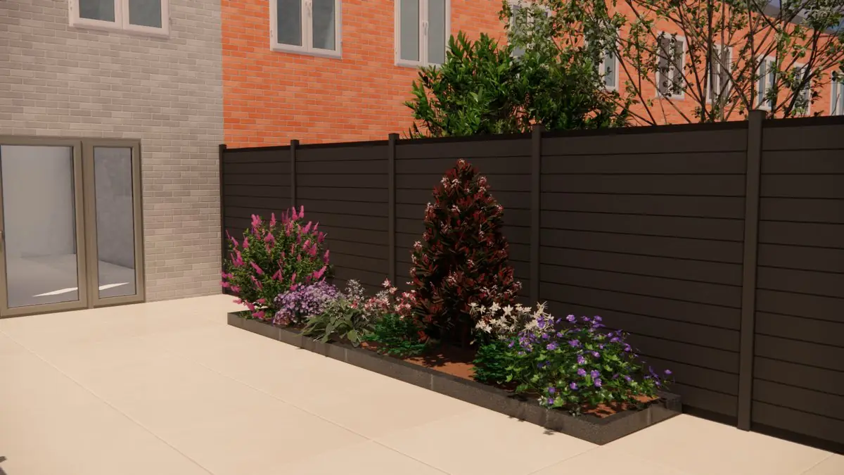 3D-ontwerp van de border tegen de composiet schutting, gezien vanaf de woning