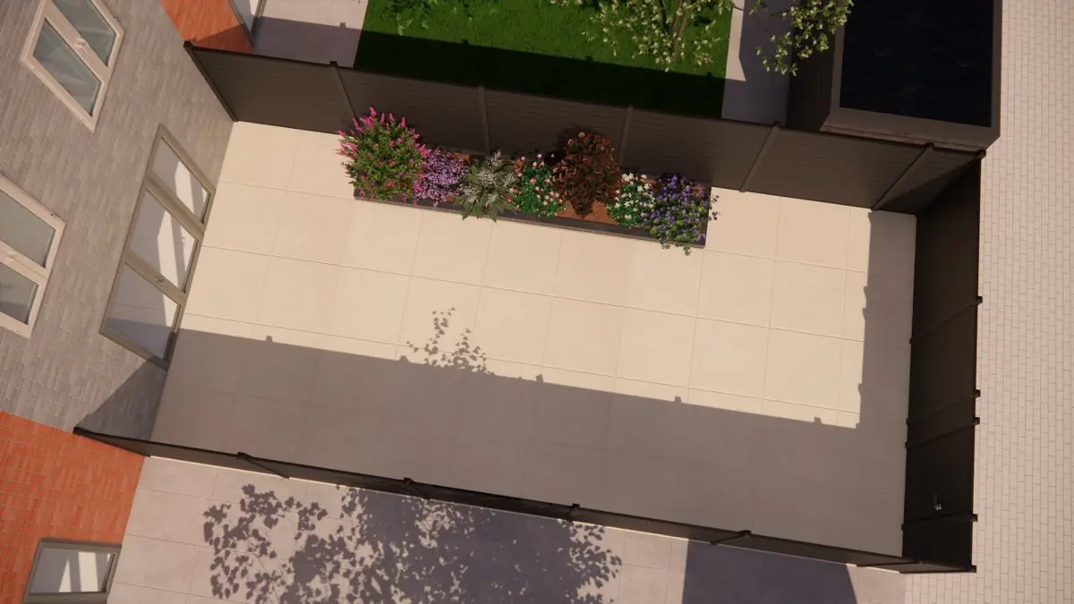 3D-ontwerp van bovenaf: terras, border en schutting rondom
