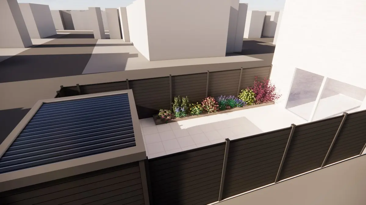 3D-ontwerp van bovenaf met het tuinhuis in de hoek van de tuin