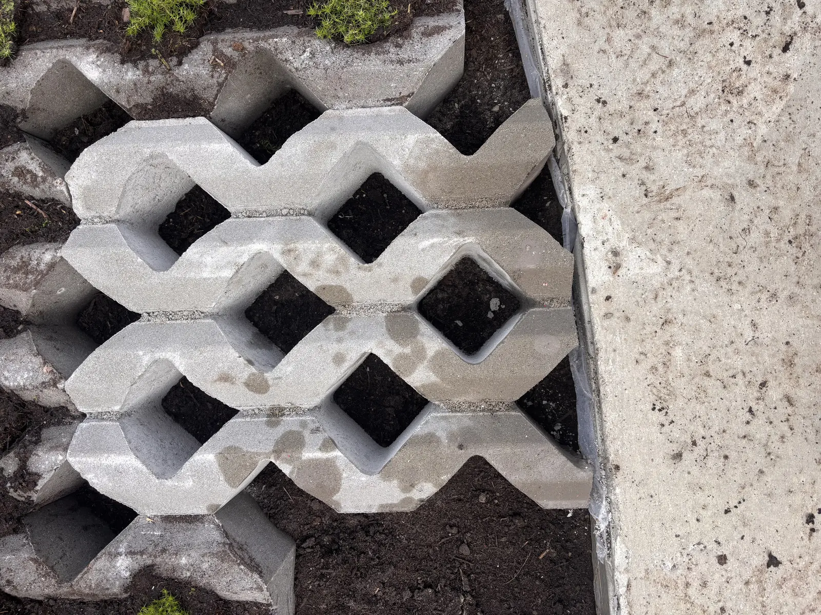 Grasbetontegel naast de betonrand, met tuingrond in de openingen